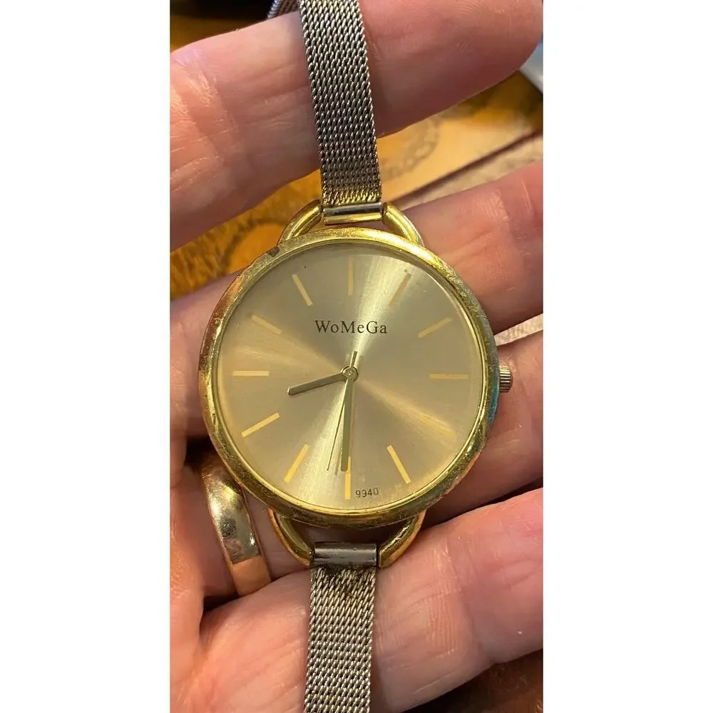 WoMeGa Watch, Gold Tone with Mesh Band, 37mm Case, New Battery